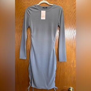 Fashion Long Sleeve Rouche Bodycon Dress, Size Small, Midi, Gray.